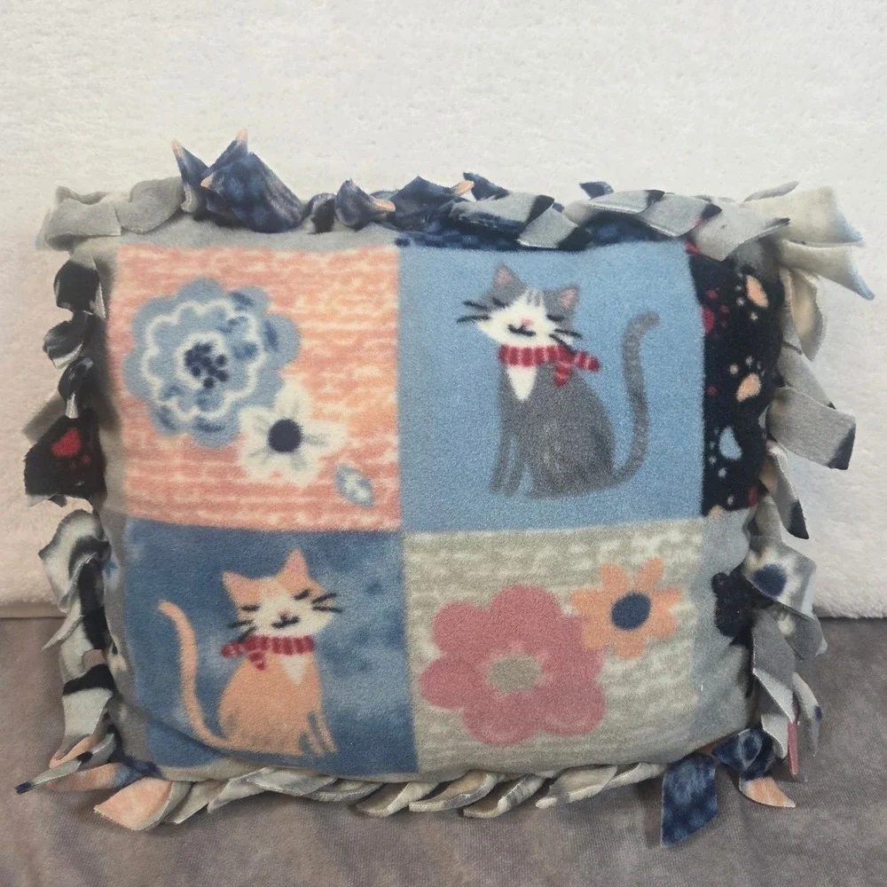 Handmade Fleece Tie Pillow Cat Floral Patchwork Print Blu Peach Decorative 14x11